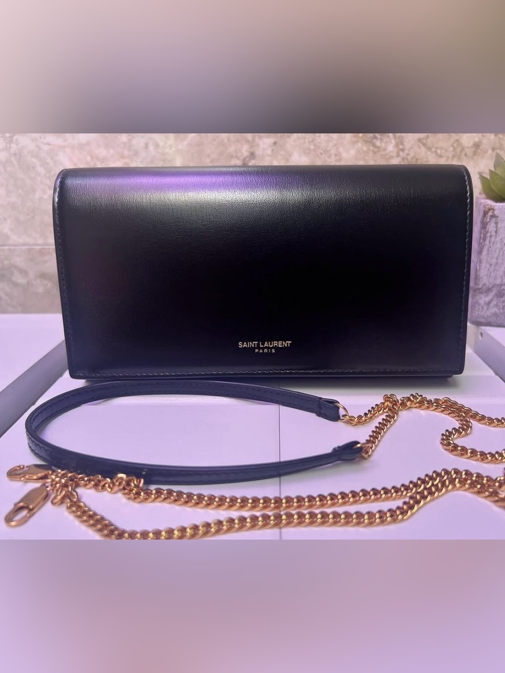 Yves Saint Laurent Black Smooth Leather Mini Paris Wallet on Chain